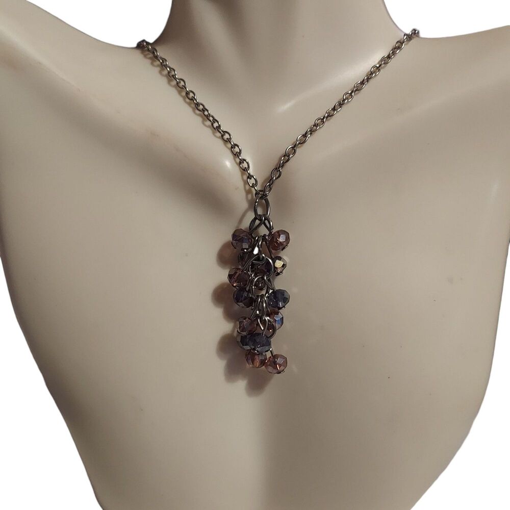 Pendant Necklace Iridescent Beads On Silvertone Chain 22" + 1 1/2"